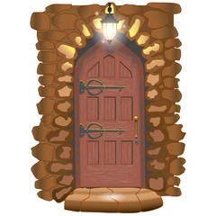 medieval door with street light above the door