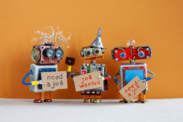 Vacancy search concept. Three robots wants to get a job. Unemployed robotic characters with a...