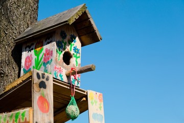 Handmade bird booth decorated - Place to feed birds during winte