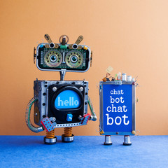 Chatbot artificial intelligence poster. Creative design robot and smartphone gadget with message...