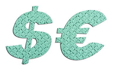 Dollar and Euro Symbol with hand knitted texture on white background