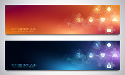 Fototapeta na wymiar Banners design template for healthcare and medical decoration with flat icons and symbols. Science, medicine and innovation technology concept.