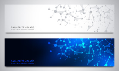 Fototapeta na wymiar Banners design template with molecular structures and neural network. Abstract molecules and genetic engineering background. Science and innovation technology concept.