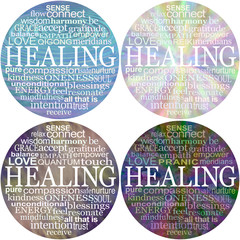 Set of four circular print ready word cloud healing coasters - four different round word clouds, with the central theme HEALING on four different colour backgrounds with bleed edges 100%  ready for pr