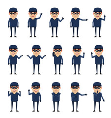 Set of thief characters showing various hand gestures. Thief in dark clothes pointing, greeting, showing thumb up and other hand gestures. Simple vector illustration