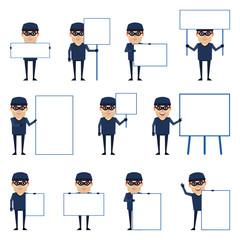 Set of thief characters posing with various blank signboards. Thief in dark clothes holding banner, paper, placard, pointing to whiteboard. Simple vector illustration