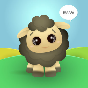 cute little sheep cartoon character in the fields with big eyes saying baaa