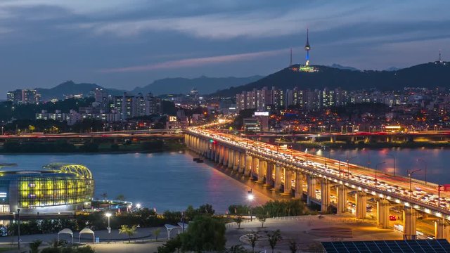 View of Han river in night at seoul city south Korea 