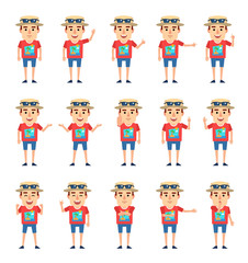 Set of tourist characters showing various hand gestures. Funny tourist pointing, greeting, showing thumb up, victory hand and other gestures. Simple vector illustration