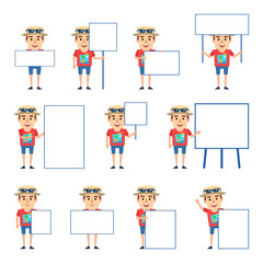 Set of tourist characters posing with various blank signboards. Funny tourist holding banner, paper, placard, pointing to whiteboard. Simple vector illustration
