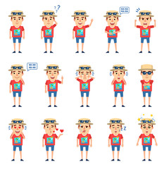 Set of tourist characters showing various emotions and actions. Funny tourist laughing, crying, angry, sad, surprised, in love and showing other emotions. Simple vector illustration