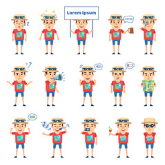 Set of tourist characters showing various actions, emotions. Cheerful tourist holding map, signboard, singing, dazed and showing other actions. Flat style vector illustration