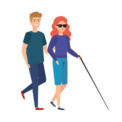blind woman with walking stick and helper