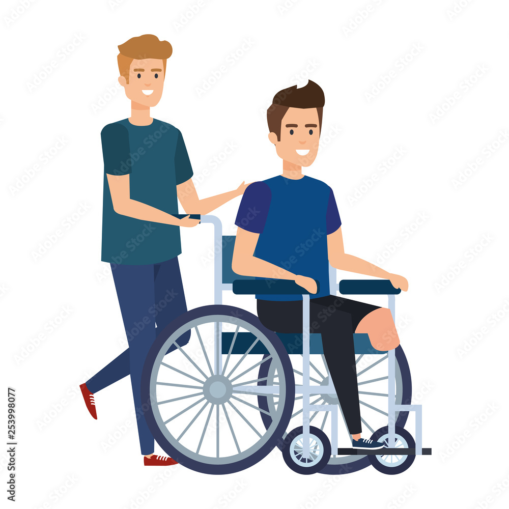 Wall mural young man in wheelchair with male helper