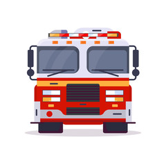 Front view of fire engine car with lights. Flat style vector illustration. Vehicle and transport banner. Modern firefighter american car. 911 truck with firefighter. Emergency fire engine vehicle.