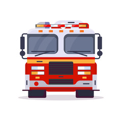 Front view of fire engine car with lights. Flat style vector illustration. Vehicle and transport banner. Modern firefighter american car. 911 truck with firefighter. Emergency fire engine vehicle. © ikonstudio