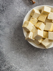 tofu (soy cheese) asian cuisine. copy space. food background. top