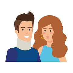 man with orthopedic collar and woman helper