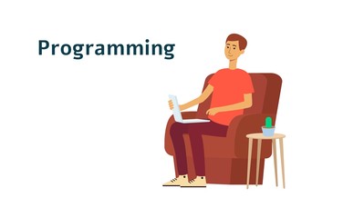 Man is programming on laptop and sitting in chair cartoon style