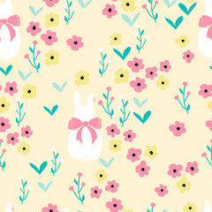 Seamless pattern background with flowers and cute bunny rabbits. Seamless ditsy floral pattern.