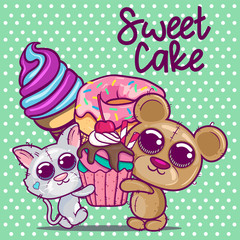 Cute Cartoon kitten and bear with sweet cake. vector