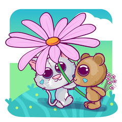 Greeting card Kittens boy and girl with a flower - Vector