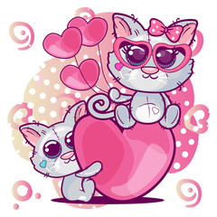 Greeting card Kittens boy and girl on a heart background - Vector