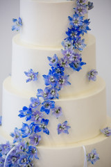 wedding cake detail with white frosting and small blue flowers - wedding cake series