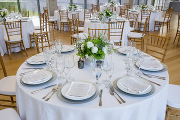 wedding table set for fine dining at a fancy catered event - wedding table series