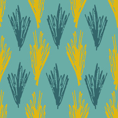 Pale colors seamless pattern with blue, turquoise and olive colors grass on teal background. Trendy abstract vector leaves texture for textile, wrapping paper, surface, cover, web design