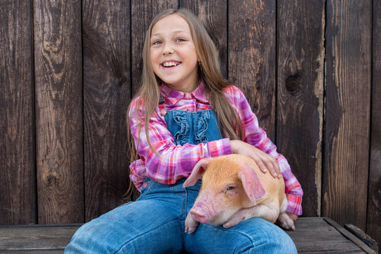 Farmer's children are playing with pig