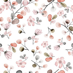 Seamless pattern with leaves and flowers. Floral background design. Watercolor illustration. The original pattern for the production of fabrics.Pink flowers.