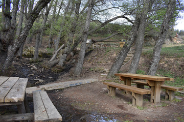 Zona de picnic, mesas de madera para comer en el campo