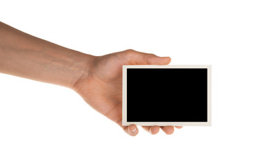 hand holding photo frame isolated on white with clipping path