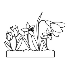 Beautiful flowers with leaves cartoon in black and white