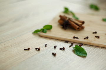 Ingredients for the preparation of a vitamin drink on a wooden platform