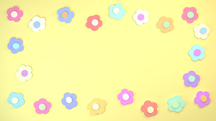 playful pastel paper flowers form a frame on a bright yellow background, 3d background illustration