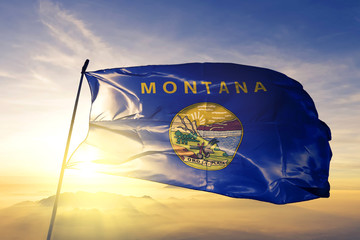 Montana state of United States flag waving on the top sunrise mist fog - obrazy, fototapety, plakaty