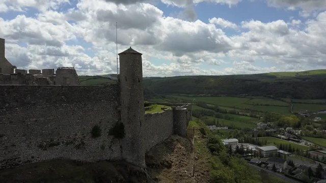 Aerial view of the castle ruins of chateau de severac in Aveyron, France, Europe.