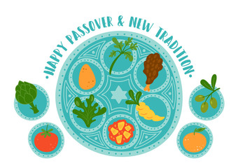 Passover holiday cute traditional seder plate with new tradition.