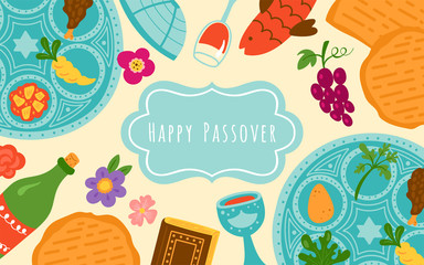 Passover holiday cute banner design with traditional seder plate, matzo and wine.