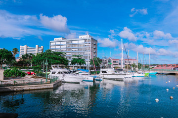 Fototapeta na wymiar Colorful Boats in the Bridgetown City Center, Barbados Island, Caribbean