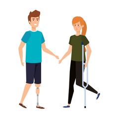 woman in crutch and man with prosthesis