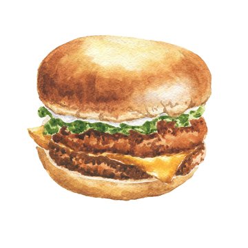 Hand drawn watercolor burger isolated on white background. Delicious realistic food illustration.