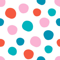 Geometrical background with uneven circles. Abstract round seamless pattern. Hand drawn colorful dots pattern on white background. Vector illustration.