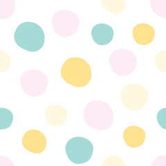 Geometrical background with uneven circles. Abstract round seamless pattern. Hand drawn colorful dots pattern on white background. Vector illustration.