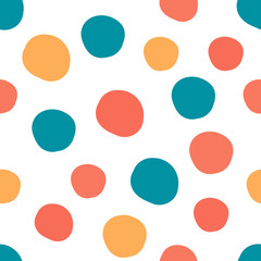 Geometrical background with uneven circles. Abstract round seamless pattern. Hand drawn colorful dots pattern on white background. Vector illustration.