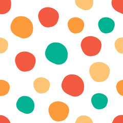 Geometrical background with uneven circles. Abstract round seamless pattern. Hand drawn colorful dots pattern on white background. Vector illustration.
