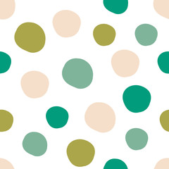Geometrical background with uneven circles. Abstract round seamless pattern. Hand drawn colorful dots pattern on white background. Vector illustration.