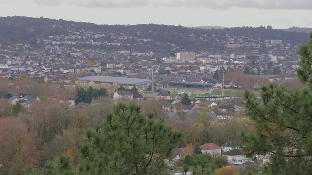 Brive's rugby stadium from a distance in the daytime